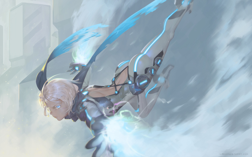 1girl ahoge ass back back_cutout black_light blue_eyes blue_scarf bodysuit closed_mouth colored_eyelashes electricity flying glowing high_heels highres looking_at_viewer original outstretched_arms scarf silver_hair solo spread_arms torn_scarf visible_air white_hair