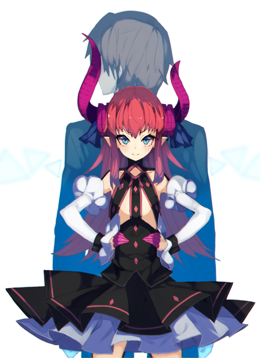 &gt;:) 1boy 1girl asymmetrical_horns back-to-back bangs bei_mochi black_dress blue_eyes blurry brown_hair claws closed_mouth collarbone cowboy_shot demon_horns depth_of_field detached_sleeves dress fate/extra fate/extra_ccc fate_(series) flat_chest formal frills hair_ribbon hands_on_hips highres horns kishinami_hakuno_(male) lancer_(fate/extra_ccc) layered_dress legs_apart long_sleeves looking_afar looking_at_viewer looking_to_the_side pointy_ears redhead ribbon short_hair smile solo_focus standing suit tsurime wrist_cuffs