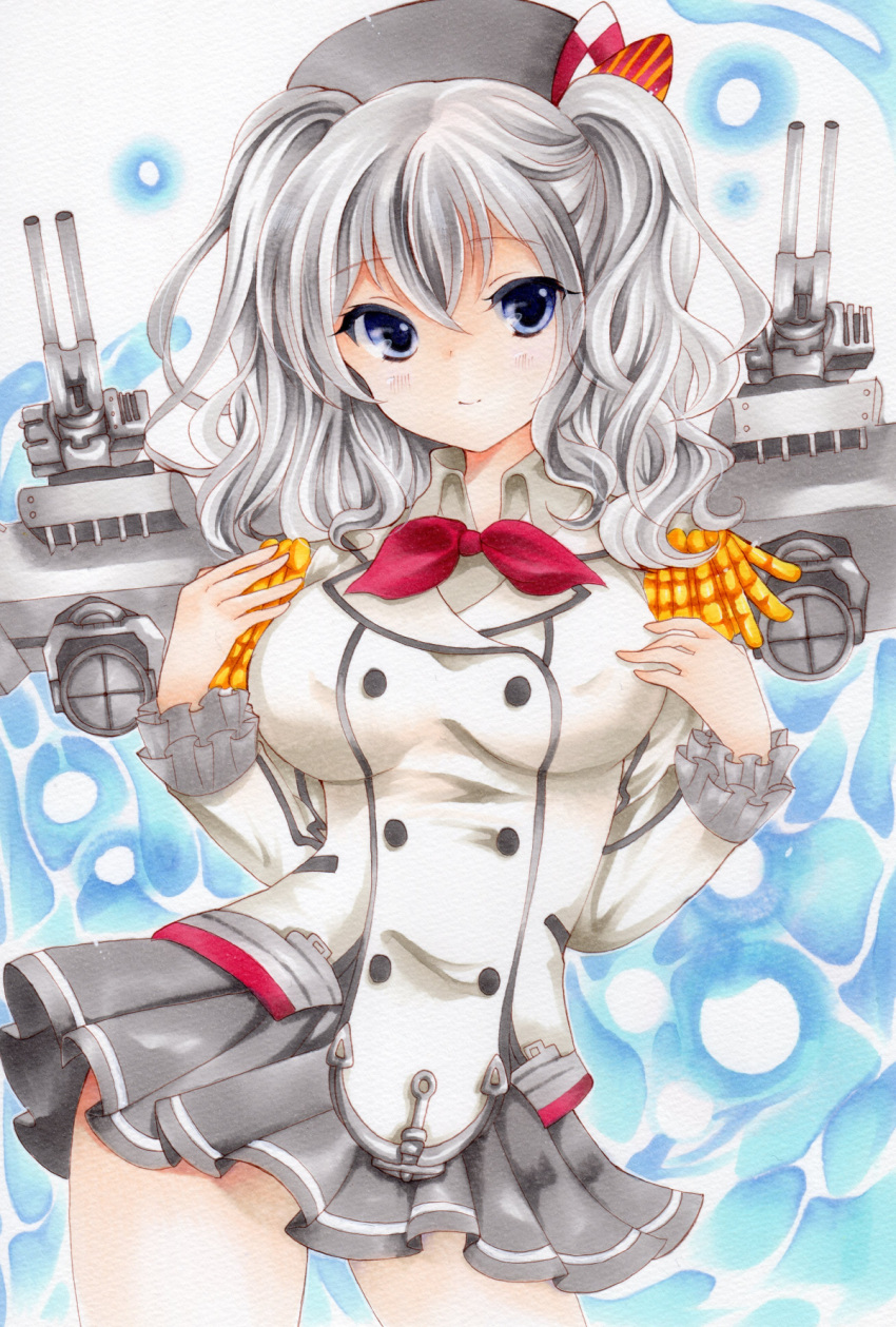 1girl beret blue_eyes breasts buttons cannon contrapposto cowboy_shot epaulettes hands_on_own_chest hat highres jacket kantai_collection kashima_(kantai_collection) kerchief large_breasts light_smile looking_at_viewer machinery marker_(medium) miniskirt pleated_skirt sidelocks silver_hair skirt solo taut_clothes traditional_media turret twintails wavy_hair yoruoujito-tsukinohime