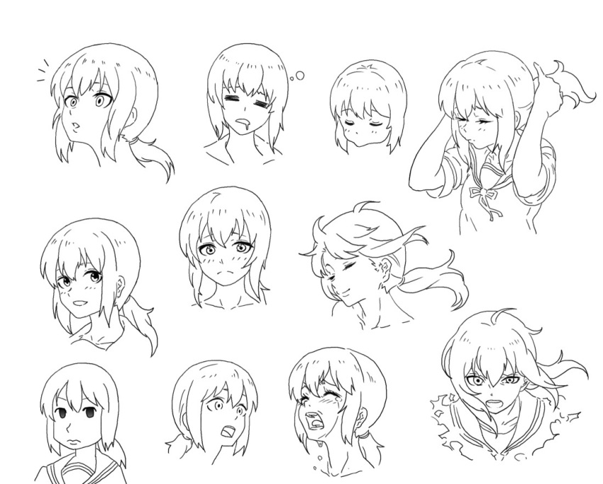 1girl =_= adjusting_hair angry blush character_sheet closed_eyes crying expressions fubuki_(kantai_collection) kantai_collection monochrome open_mouth parody ponytail sad saliva saliva_trail school_uniform screaming shiesta16 short_hair sleeping sleepy smile style_parody tears torn_clothes