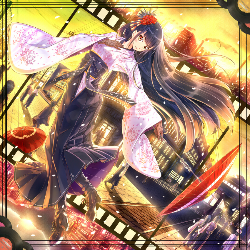 1girl bemani black_hair blush boots brown_eyes building city cityscape clouds commentary_request gloves hair_ornament hakama_skirt highres japanese_clothes kazeno kimono lace_gloves long_hair looking_at_viewer obi open_mouth original sash scenery sky smile solo_focus sunset umbrella wide_sleeves