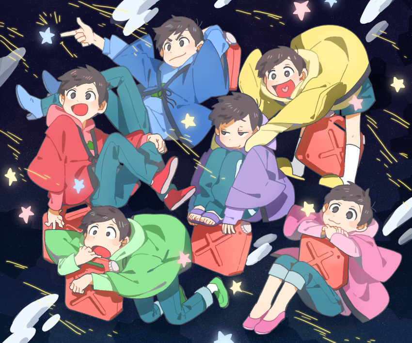 &gt;:) 6+boys :3 bad_id black_hair boots brothers denim finger_gun hand_behind_head haori heart heart_in_mouth highres hood hoodie japanese_clothes jeans jerry_can kneehighs knees_to_chest loafers male_focus matsuno_choromatsu matsuno_ichimatsu matsuno_juushimatsu matsuno_karamatsu matsuno_osomatsu matsuno_todomatsu messy_hair multiple_boys open_mouth osomatsu-kun osomatsu-san pants pants_rolled_up sandals sextuplets shoes shooting_star short_hair shorts siblings sleeves_past_wrists slippers smile sneakers star_(sky) track_pants usudaidai white_legwear