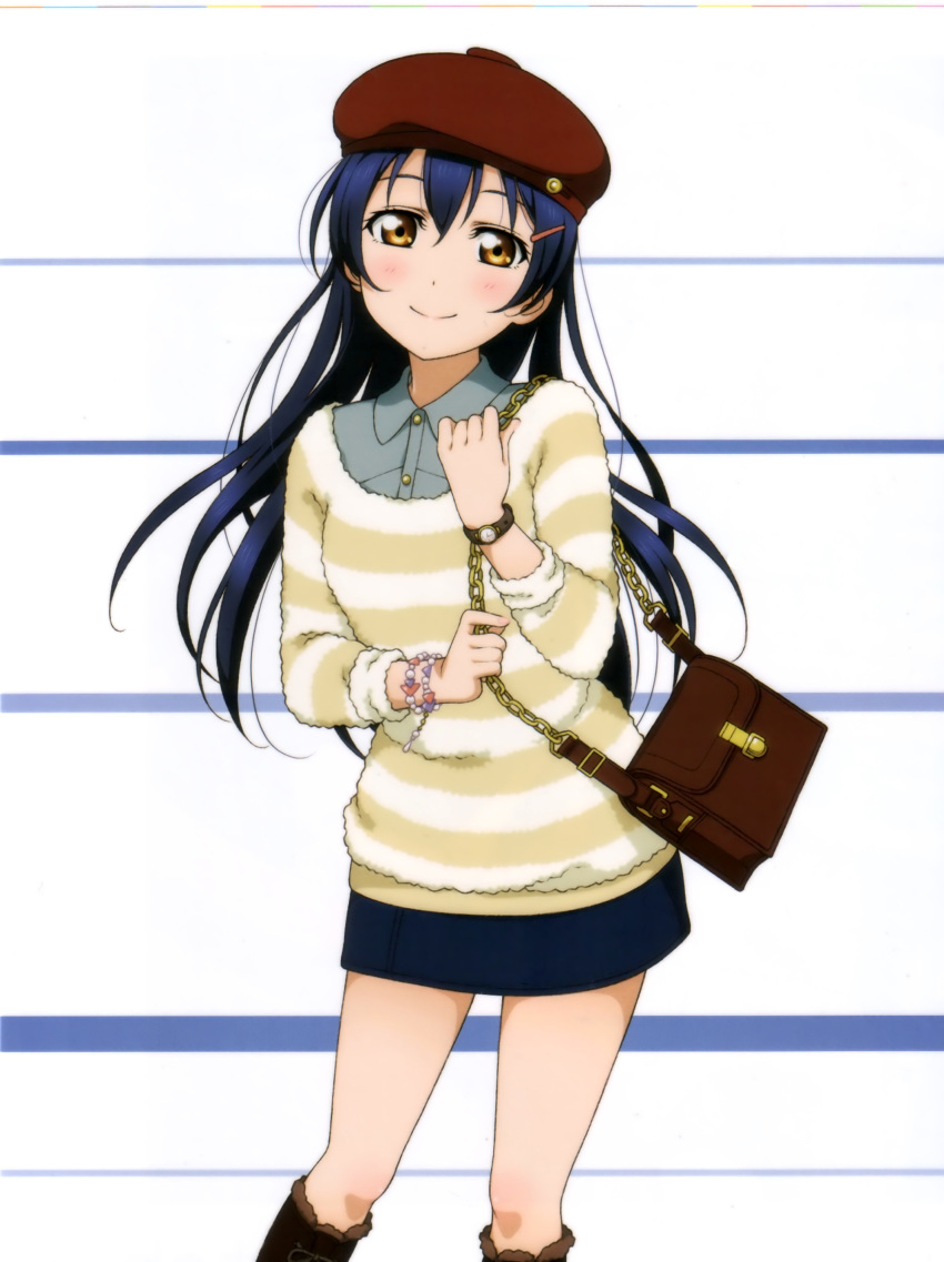 1girl absurdres analog_clock artist_request blue_hair blush bracelet clock hair_ornament highres jewelry long_hair looking_at_viewer love_live!_school_idol_project skirt smile solo sonoda_umi watch watch yellow_eyes