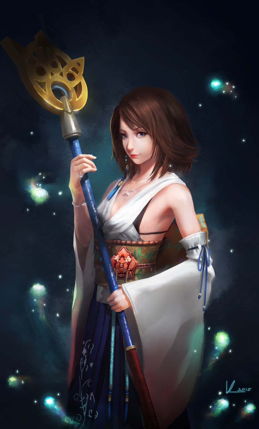 1girl 2015 breasts brown_hair detached_sleeves fantasy final_fantasy final_fantasy_x heterochromia highres japanese_clothes jewelry necklace short_hair smile solo staff vafar7 weapon wide_sleeves yuna_(ff10)
