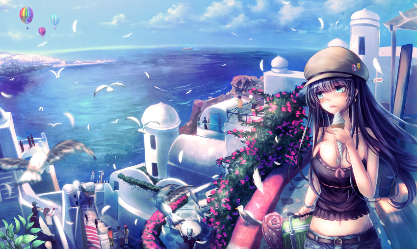 3girls 5boys aqua_eyes bare_arms belt bird black_hair blue_sky breasts bush chair cleavage clouds collarbone expressionless feathers flower hat highres horizon hot_air_balloon ice_cream_cone lips long_hair looking_to_the_side midriff multiple_boys multiple_girls ocean original price_tag rolling_suitcase seagull seaside ship sky solo_focus t.m_(aqua6233) table tank_top