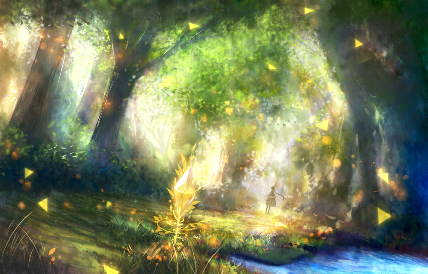 1girl bush capelet crystal dappled_sunlight dress forest grass light_particles long_hair nature original pond ponytail sakimori_(hououbds) scenery solo standing sunlight tree very_long_hair water wind