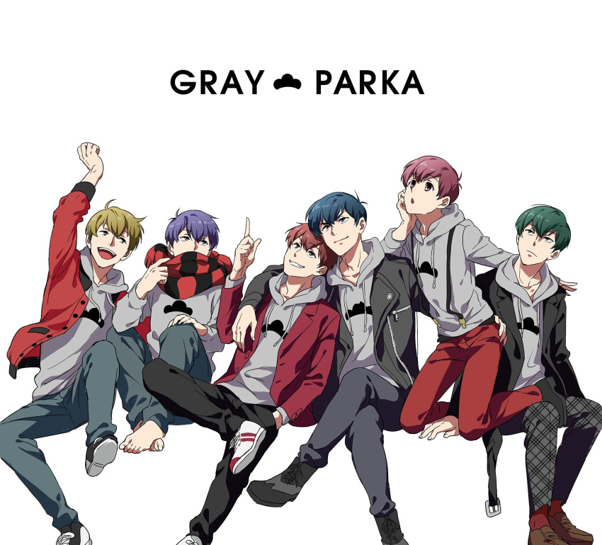 6+boys arm_around_shoulder barefoot blonde_hair blue_eyes blue_hair brothers checkered_scarf chin_rest f6 green_eyes green_hair highres hood hoodie invisible_chair izumi_(milkywhite2) jacket leather leather_jacket looking_up male_focus matsuno_choromatsu matsuno_ichimatsu matsuno_juushimatsu matsuno_karamatsu matsuno_osomatsu matsuno_todomatsu multiple_boys open_mouth osomatsu-kun osomatsu-san pink_eyes pink_hair pointing pointing_up purple_hair red_eyes redhead scarf sextuplets shoes siblings simple_background sitting smile sneakers suspenders violet_eyes white_background yellow_eyes