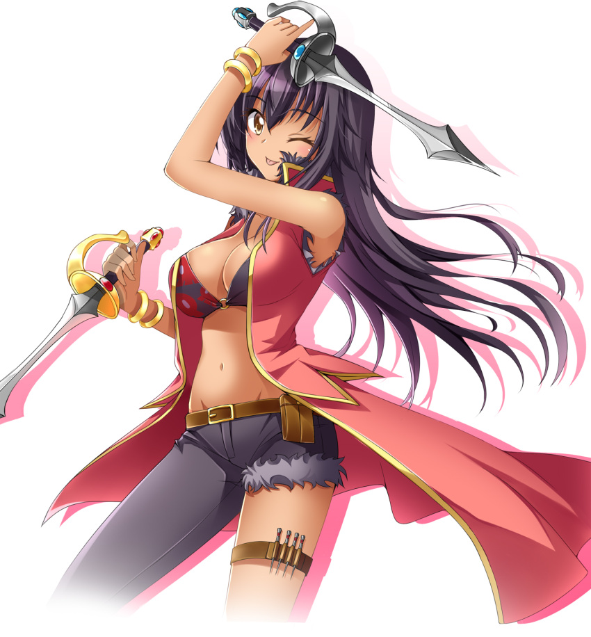 1girl ;p asymmetrical_clothes benchen06 bikini_top black_hair breasts brown_eyes dark_skin highres knife long_hair needle one_eye_closed original smile solo tongue tongue_out weapon