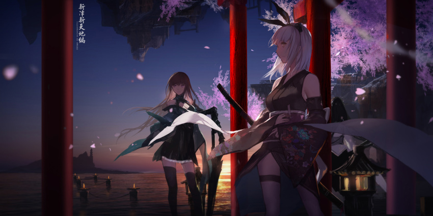 3girls artist_name back bangs black_bow black_hair black_legwear blurry bow breasts brown_eyes brown_hair closed_mouth depth_of_field detached_sleeves fire floating_hair floral_print hairband holding holding_sword holding_weapon japanese_clothes kimono legs_apart long_hair motion_blur multiple_girls obi ocean off_shoulder petals pillar pixiv_fantasia pixiv_fantasia_t planted_sword planted_weapon rope sash short_kimono silver_hair sky standing stone_lantern string sun sunrise swd3e2 sword thigh-highs thigh_strap tree upside-down very_long_hair water weapon wide_sleeves wind