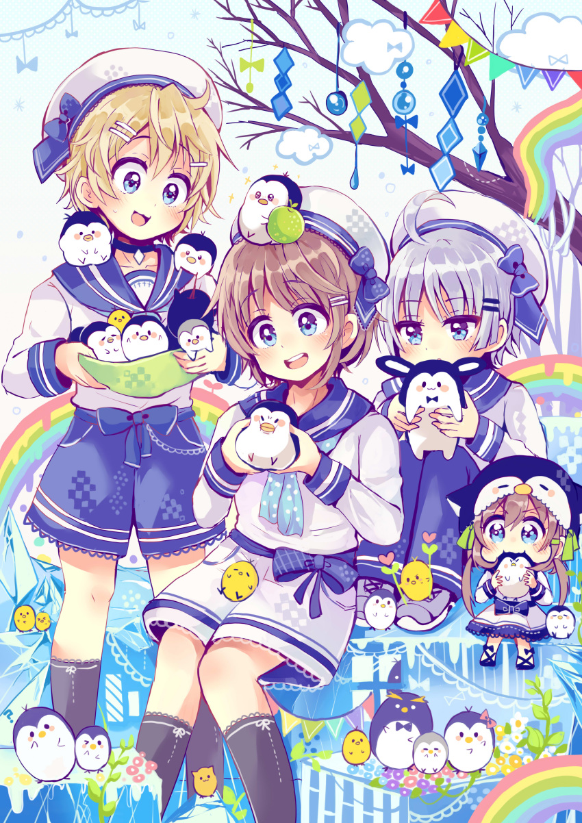 :d absurdres ahoge androgynous animal ascot bird blue_eyes blue_hair bow brown_hair commentary_request hat hat_bow highres holding_animal light_brown_hair multiple_boys niikura_kaori open_mouth original penguin rabbit sailor sailor_hat short_hair shorts smile tree twintails
