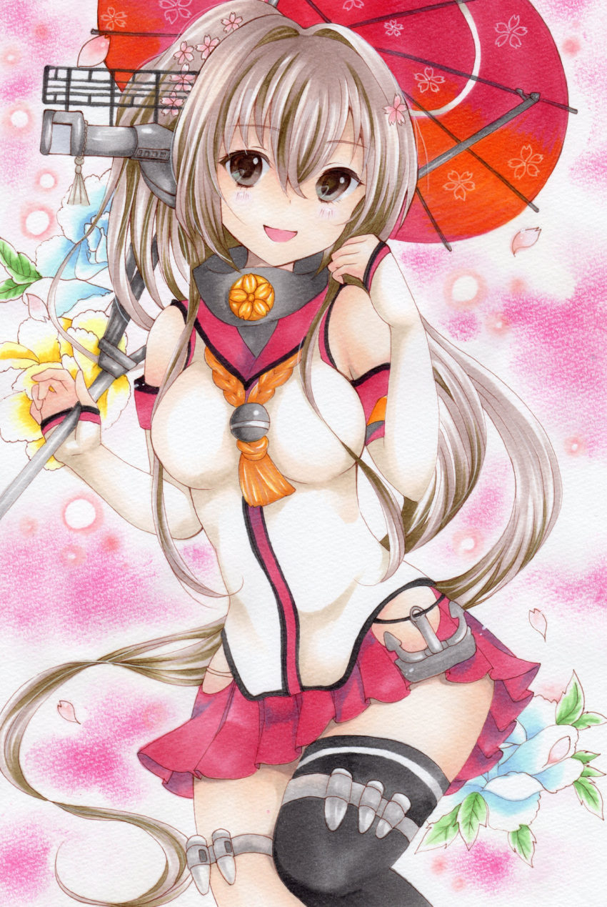 1girl brown_hair cherry_blossoms cowboy_shot flower hair_flower hair_ornament highres holding kantai_collection long_hair looking_at_viewer machinery marker_(medium) miniskirt open_mouth oriental_umbrella petals pink_background ponytail single_thighhigh skirt smile solo thigh-highs traditional_media umbrella very_long_hair yamato_(kantai_collection) yoruoujito-tsukinohime