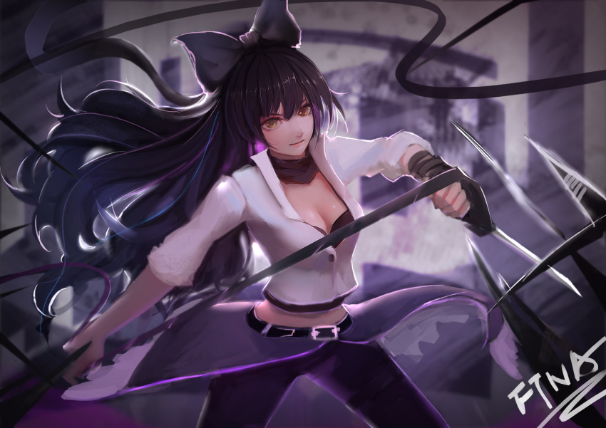 1girl bangs belt black_bow black_hair black_scarf blake_belladonna blurry bow breasts building cleavage closed_mouth cowboy_shot cropped_jacket depth_of_field eyebrows eyelashes floating_hair ftna glowing hair_between_eyes hair_bow highres holding holding_weapon lips long_hair looking_at_viewer midriff motion_blur outstretched_arms purple_hair ribbon rwby scarf signature sketch smile solo thick_eyebrows very_long_hair waist_cape weapon whip yellow_eyes