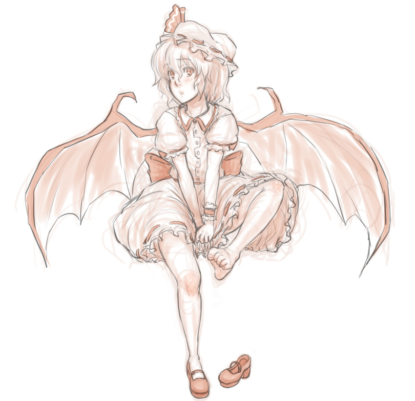 1girl bat_wings blush feet hat hat_ribbon highres kuro_suto_sukii leg_up looking_at_viewer mary_janes mob_cap monochrome no_socks puffy_sleeves red_eyes remilia_scarlet ribbon shoes shoes_removed short_sleeves single_shoe sitting sketch skirt solo touhou white_background wings