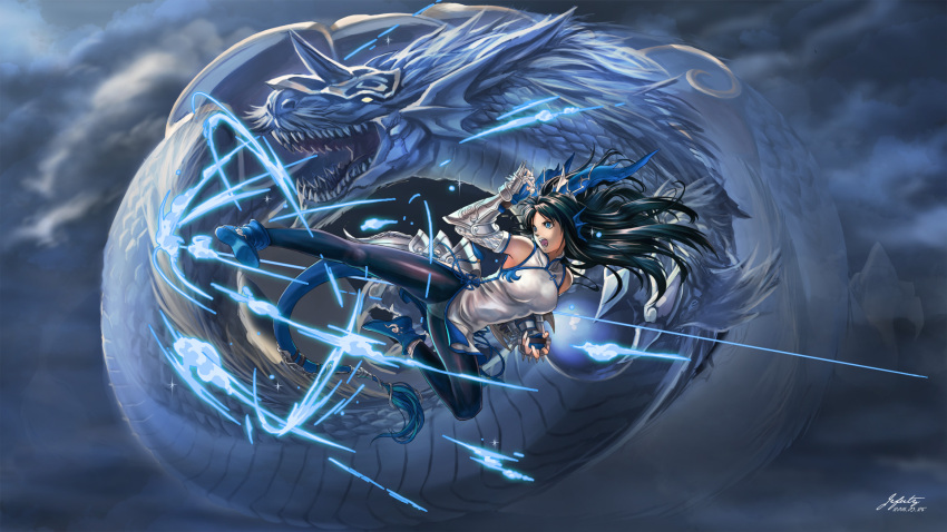 1girl bare_shoulders black_hair blue_eyes china_dress chinese_clothes clouds cloudy_sky dragon dragon_girl dragon_horns dragon_tail dress fingerless_gloves flying_kick gloves head_fins highres horns jefuty karin_(p&amp;d) kicking long_hair magic open_mouth pantyhose puzzle_&amp;_dragons sky spiked_gauntlets tail