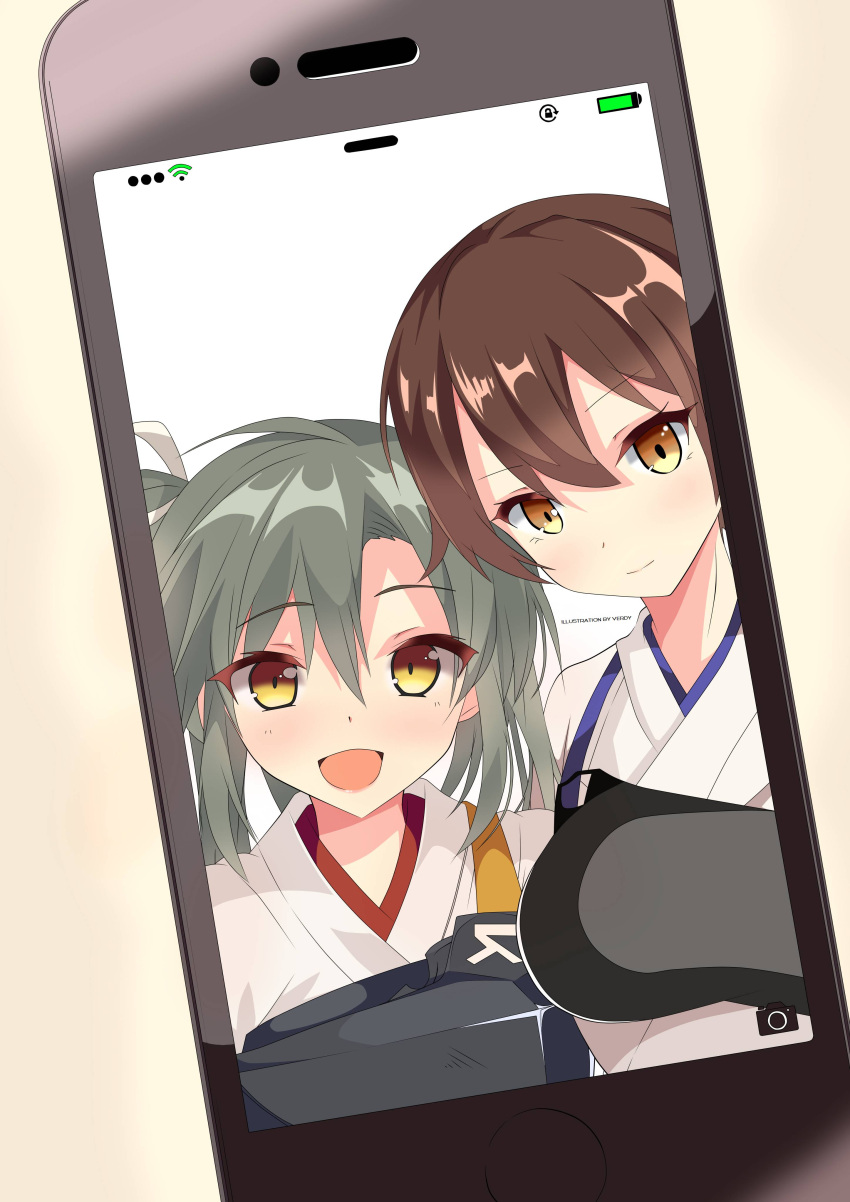2girls absurdres brown_hair cellphone green_hair highres japanese_clothes kaga_(kantai_collection) kantai_collection looking_at_viewer md5_mismatch multiple_girls muneate open_mouth phone self_shot smartphone smile verdy yellow_eyes zuikaku_(kantai_collection)