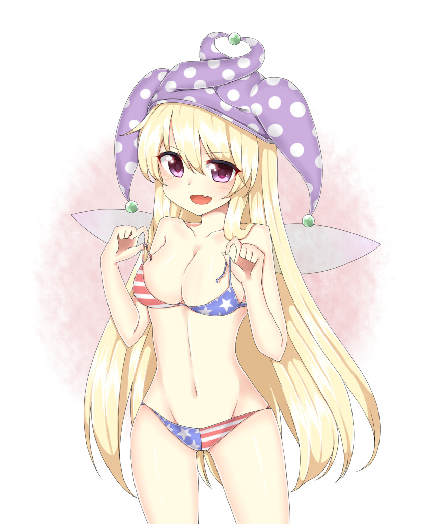 1girl absurdres american_flag_bikini bikini blonde_hair blush breasts cheunes clownpiece fairy_wings fang flag_print hat highres jester_cap long_hair looking_at_viewer midriff navel open_mouth print_bikini smile solo star striped swimsuit touhou untied untied_bikini violet_eyes wings