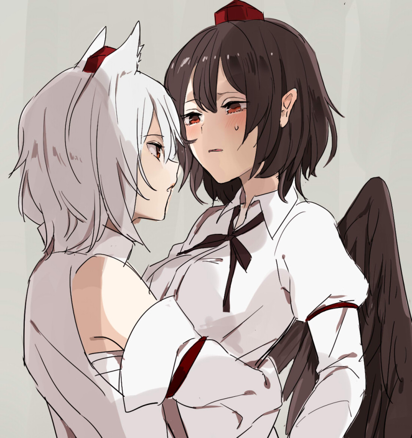 2girls albino animal_ears black_hair black_wings blush colored detached_sleeves eye_contact grey_background hat hug inubashiri_momiji long_sleeves looking_at_another mochino_(yumeura_fuumi) multiple_girls open_mouth pointy_ears profile puffy_sleeves red_eyes sarashi shameimaru_aya shirt short_hair simple_background sketch sweatdrop tokin_hat touhou upper_body white_hair wide_sleeves wings wolf_ears yuri