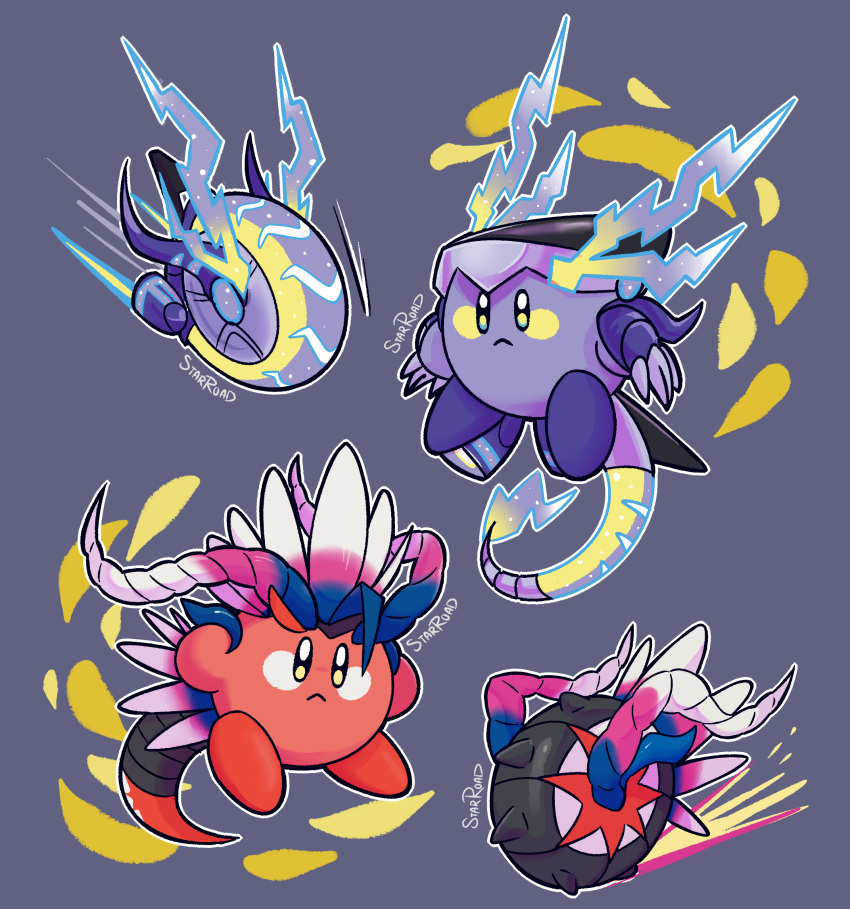 claws colored_skin copy_ability highres kirby kirby_(series) koraidon miraidon no_humans outline pokemon pokemon_(creature) purple_background purple_skin red_skin signature solid_oval_eyes starroad tail wheel_kirby white_outline