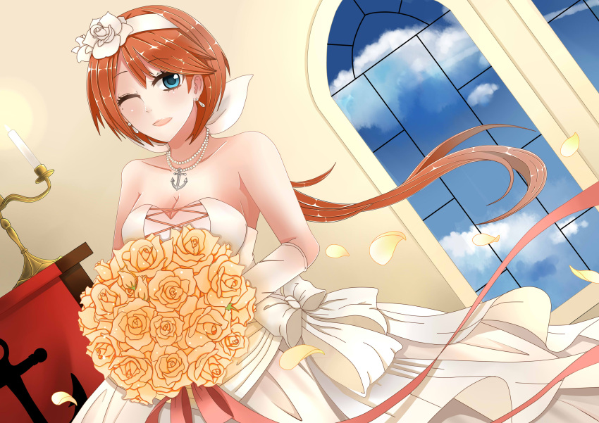 1girl absurdres blue_eyes blue_sky bouquet breasts bridal_veil bride candle clouds dress elbow_gloves flower gloves highres jewelry lips long_hair mole mole_under_eye mu_anonym necklace nelson_(zhan_jian_shao_nyu) one_eye_closed open_mouth redhead rose sky smile solo strapless strapless_dress tiara veil wedding_dress window zhan_jian_shao_nyu