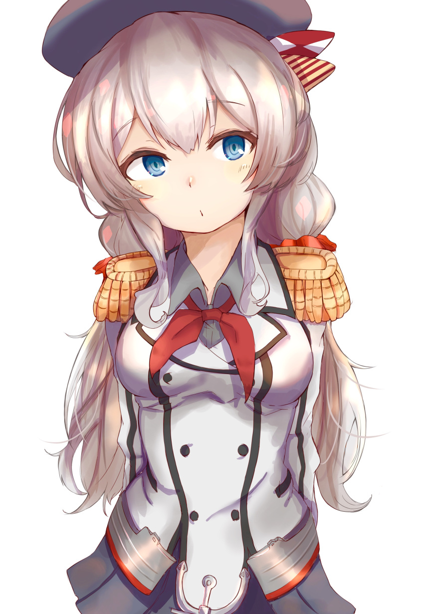 1girl absurdres beret blue_eyes breasts buttons closed_mouth commentary epaulettes hat highres kantai_collection kashima_(kantai_collection) long_hair looking_at_viewer medium_breasts military military_uniform necktie ranf silver_hair simple_background solo twintails uniform white_background