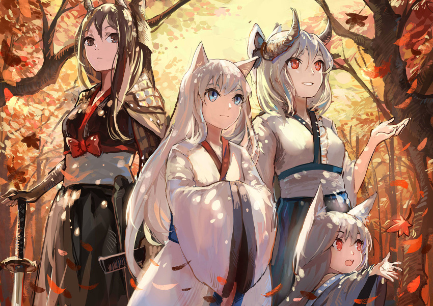 4girls animal_ears autumn brown_hair forest hand_on_hilt hands_in_sleeves highres horns leaf looking_at_viewer looking_down looking_up maple_leaf multiple_girls nature outstretched_arms parted_lips red_eyes sishenfan smile tree white_hair wide_sleeves