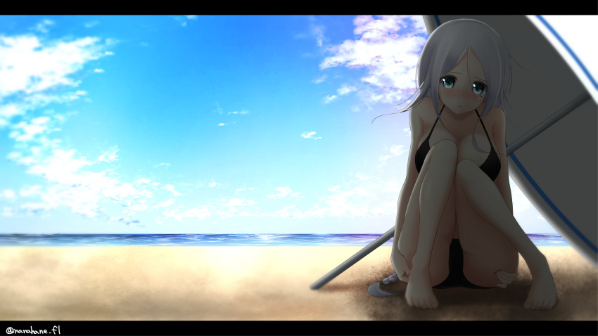 1girl bangs bare_legs bare_shoulders barefoot beach beach_umbrella bikini black_bikini blue_eyes blue_sky blush braid breasts clouds hair_tie hands_on_legs highres kantai_collection knees_together_feet_apart large_breasts letterboxed long_hair looking_at_viewer mole mole_under_eye nanahane_fl ocean outdoors parted_bangs sand silver_hair sky solo swimsuit twitter_username umbrella umikaze_(kantai_collection) very_long_hair water