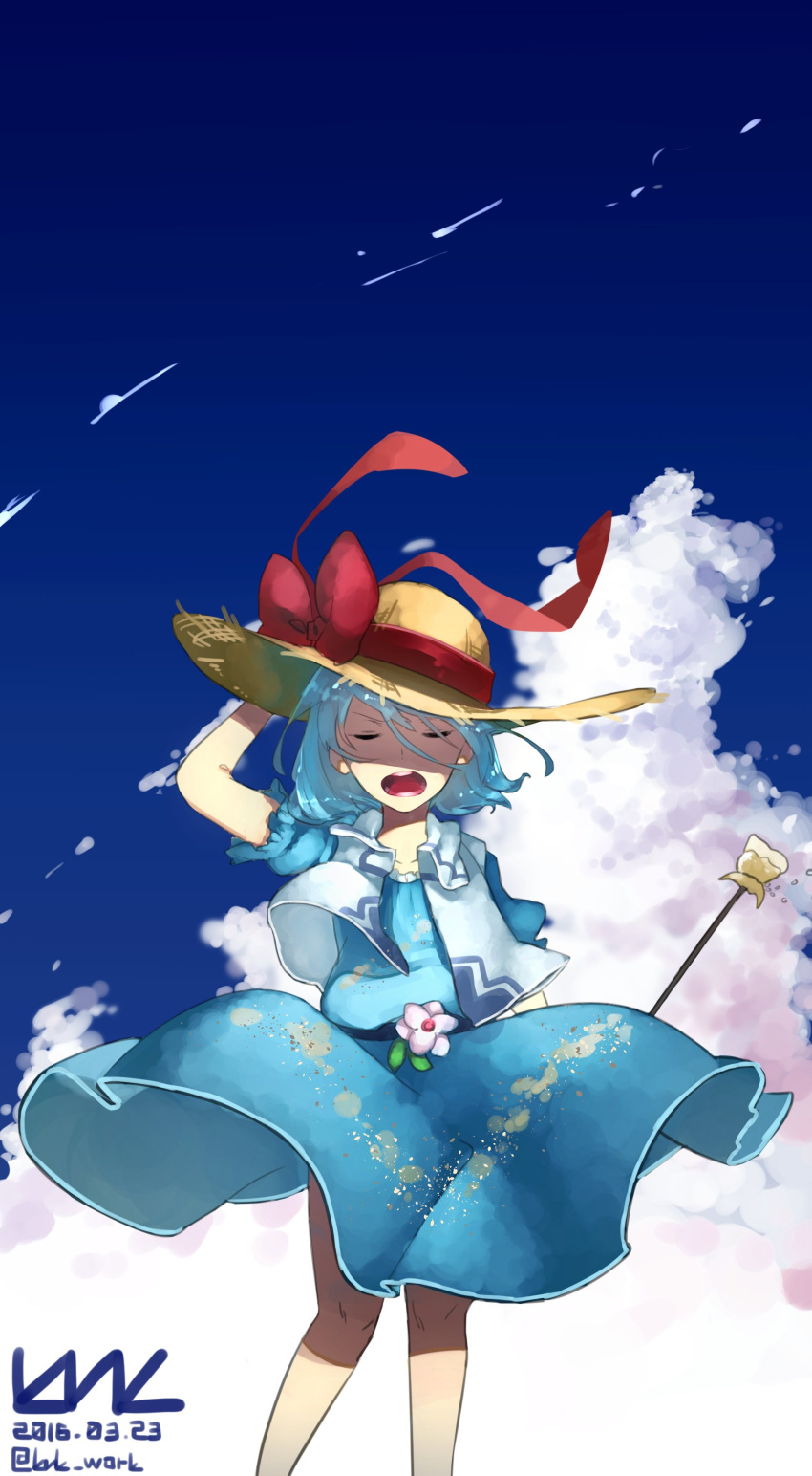 1girl absurdres arm_up artist_name blue_dress blue_hair blue_sky bow closed_eyes clouds dated dress flower hand_on_headwear hat hat_bow highres kaku_seiga kuk_work open_mouth outdoors puffy_short_sleeves puffy_sleeves red_bow red_ribbon ribbon shaded_face short_sleeves sky solo standing straw_hat touhou wand wind wind_lift