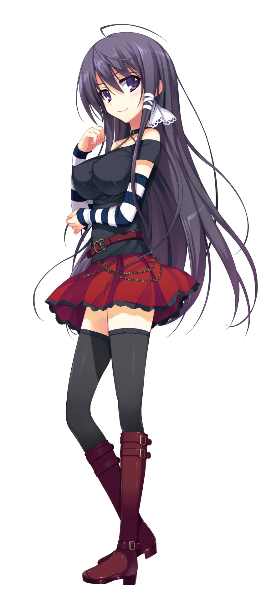1girl absurdres black_legwear boots full_body hand_on_own_chest highres knee_boots long_hair looking_at_viewer mizuno_rin pleated_skirt reminiscence simple_background skirt smile solo thigh-highs tomose_shunsaku transparent_background very_long_hair violet_eyes zettai_ryouiki