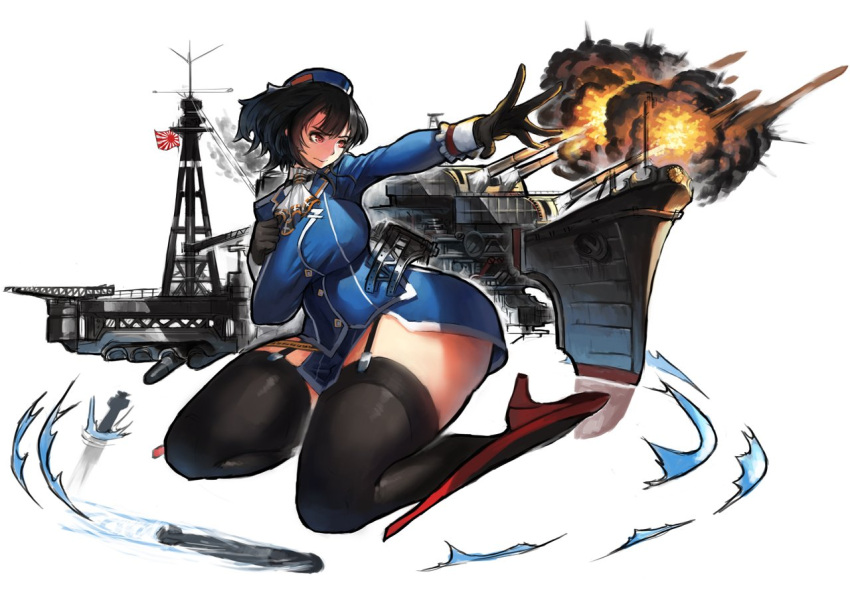 1girl bad_anatomy beret black_gloves black_hair breasts fenris firing garter_straps gloves hat huge_breasts impossible_clothes kantai_collection military military_uniform outstretched_arm short_hair solo takao_(kantai_collection) torpedo uniform