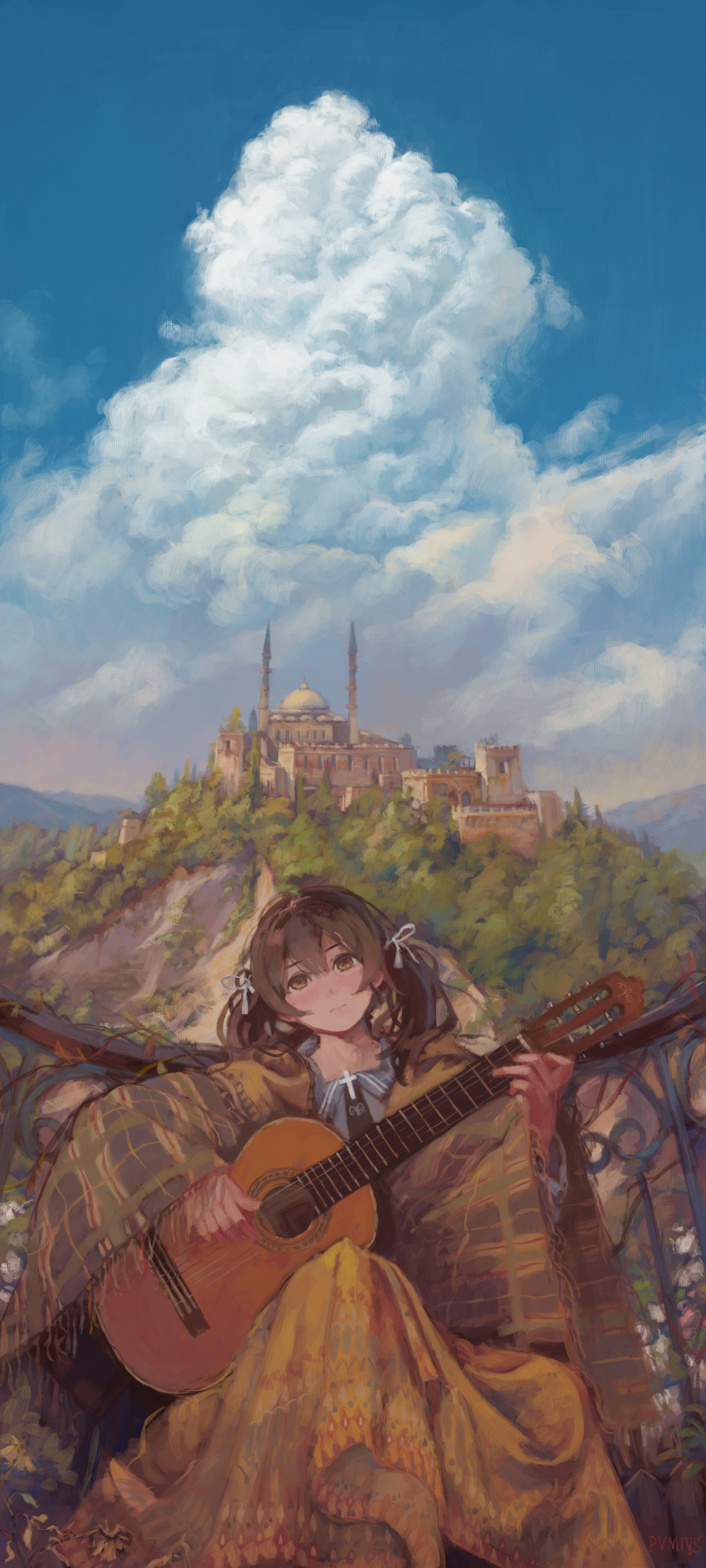 1girl absurdres artist_name blue_sky brown_eyes brown_hair building city cloak clouds cowboy_shot cross dress guitar hair_ribbon highres instrument long_image long_sleeves looking_at_viewer looking_up mosque original outdoors playing_instrument pvmivs ribbon robe scenery sitting sky solo tall_image twintails