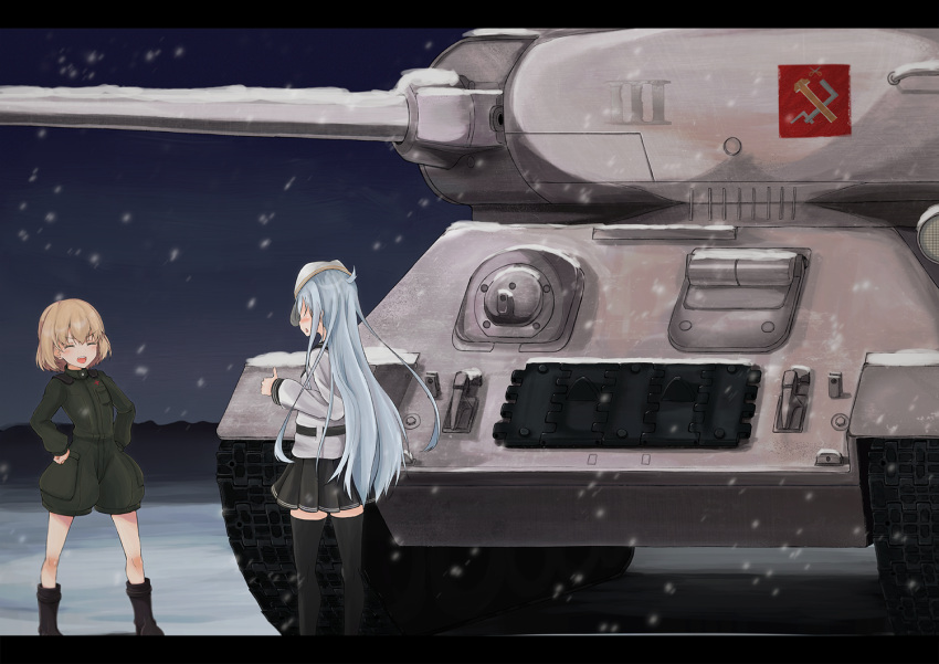 2girls black_legwear blonde_hair blush boots closed_eyes commentary_request crossover emblem flat_cap girls_und_panzer hammer_and_sickle hands_on_hips hat hibiki_(kantai_collection) kantai_collection katyusha long_hair long_sleeves military military_uniform military_vehicle multiple_girls night night_sky open_mouth pleated_skirt remil school_uniform serafuku short_jumpsuit silver_hair skirt sky smile snow standing t-34 tank thigh-highs thumbs_up uniform vehicle verniy_(kantai_collection)