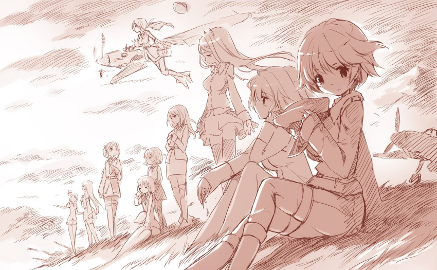 6+girls airplane highres kankurou milihime_taisen military military_uniform multiple_girls sepia uniform