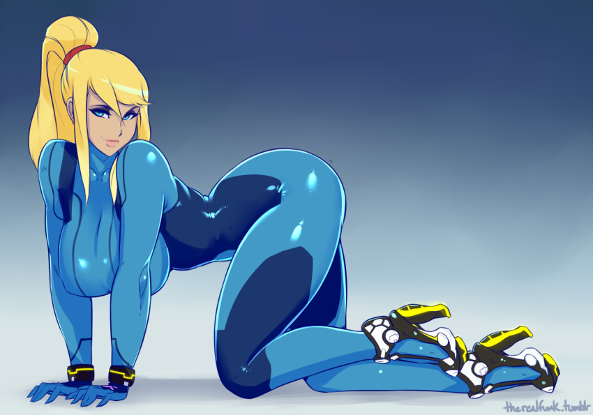 1girl all_fours blonde_hair blue_eyes bodysuit bracelet breasts eyeshadow full_body hanging_breasts high_heels jewelry large_breasts lips live_for_the_funk makeup neon_trim ponytail samus_aran scrunchie shiny shiny_clothes sidelocks skin_tight solo super_smash_bros. zero_suit