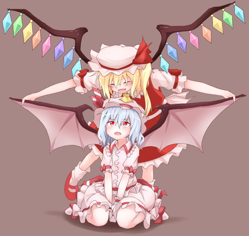 2girls ascot bat_wings closed_eyes dress fangs flandre_scarlet hat highres lavender_hair looking_at_another mary_janes mob_cap multiple_girls nemokakkoii open_mouth pink_dress red_dress red_eyes remilia_scarlet shirt shoes short_hair siblings simple_background sisters sitting skirt spread_wings touhou white_shirt wings
