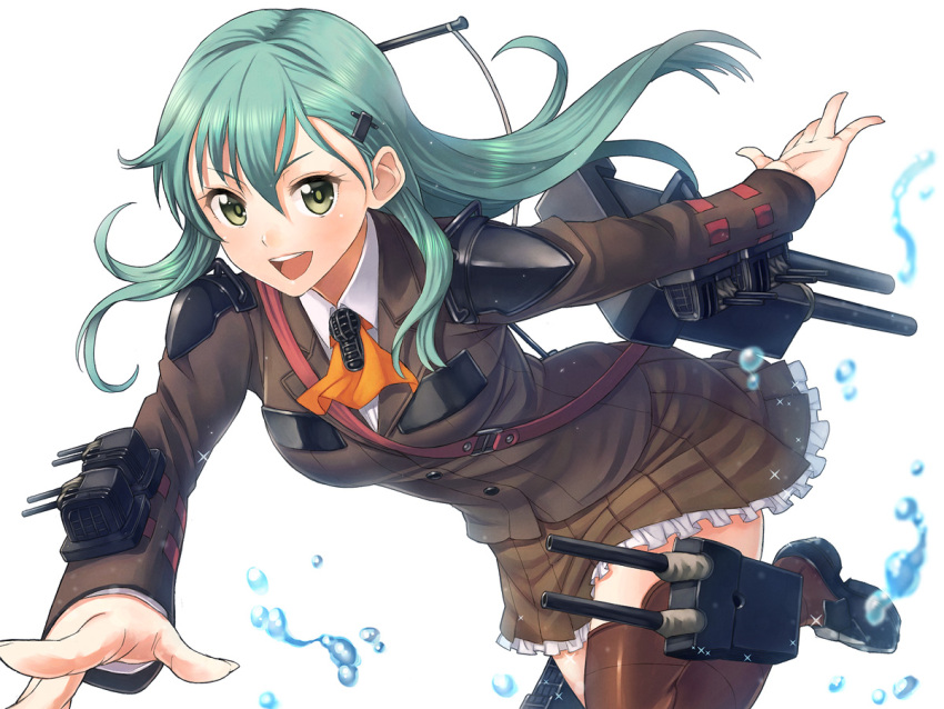 1girl aqua_hair ascot blazer breasts brown_legwear brown_skirt buttons cannon frilled_skirt frills green_eyes hair_ornament hairclip itou_(onsoku_tassha) jacket kantai_collection loafers long_hair looking_at_viewer machinery open_mouth pleated_skirt school_uniform shoes simple_background skirt smile solo suzuya_(kantai_collection) teeth thigh-highs turret water white_background zettai_ryouiki