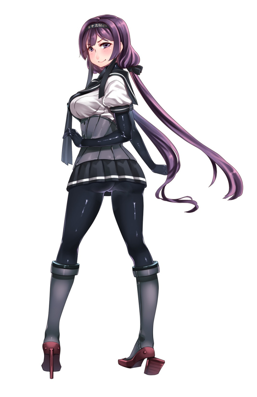1girl ass bangs black_gloves black_legwear black_skirt blunt_bangs blush boots breasts closed_mouth clothes_writing corset cosplay eyelashes female_admiral_(kantai_collection) from_behind full_body gloves hair_ornament hairband hatsuzuki_(kantai_collection) hatsuzuki_(kantai_collection)_(cosplay) hiememiko high_heel_boots high_heels highres kantai_collection large_breasts legs_apart long_hair looking_at_viewer looking_back miniskirt navel pantyhose pleated_skirt puffy_short_sleeves puffy_sleeves school_uniform serafuku shiny shiny_clothes short_sleeves simple_background skirt smile solo standing turtleneck twintails violet_eyes white_background