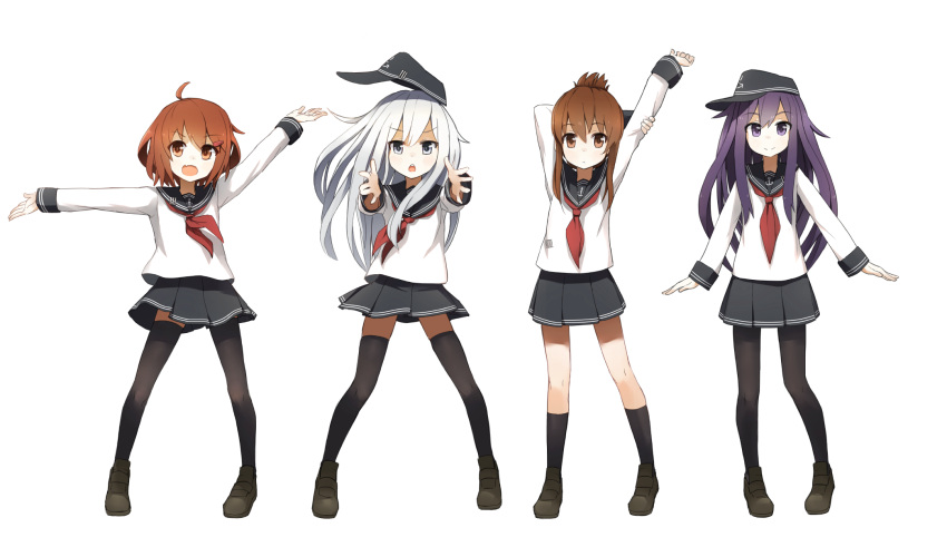 4girls akatsuki_(kantai_collection) anchor_symbol arm_up black_legwear black_skirt blue_eyes brown_eyes brown_hair coupon_(skyth) flat_cap folded_ponytail hair_between_eyes hair_ornament hairclip hat hibiki_(kantai_collection) highres ikazuchi_(kantai_collection) inazuma_(kantai_collection) kantai_collection loafers long_hair looking_at_viewer multiple_girls neckerchief open_mouth outstretched_arms pantyhose pleated_skirt purple_hair school_uniform serafuku shoes short_hair silver_hair simple_background skirt smile socks standing thigh-highs violet_eyes white_background