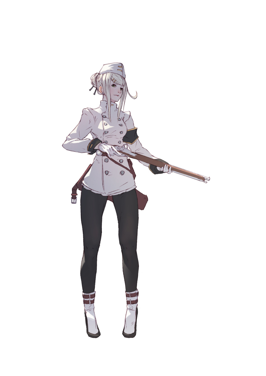 1girl armband black_legwear boots coat full_body garrison_cap gloves green_eyes gun hair_bun hair_ornament hairclip hat highres looking_at_viewer looking_to_the_side military musket original rifle sidelocks simple_background solo sonech standing tied_hair weapon white_background white_gloves white_hair