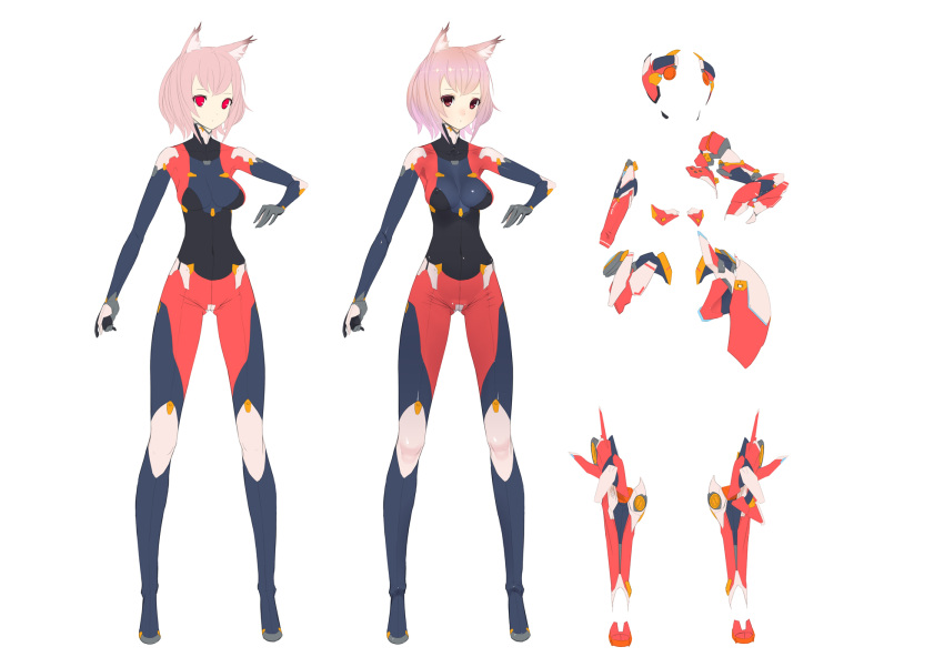1girl animal_ears armor_removed bodysuit breasts covered_navel covered_nipples full_body highres looking_at_viewer multiple_views original pink_hair red_eyes short_hair simple_background sonech standing white_background