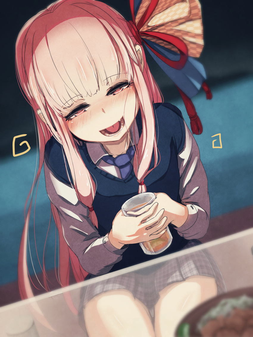 1girl :d absurdres at2. blush cup drinking_glass food highres kotonoha_akane long_hair looking_at_viewer necktie open_mouth pink_eyes pink_hair school_uniform sitting skirt smile solo sweater_vest teeth tongue voiceroid