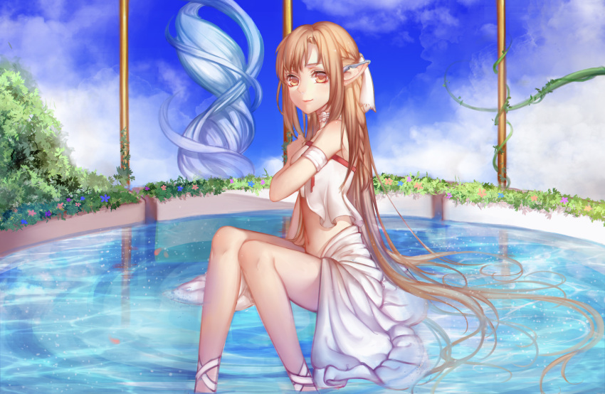 1girl asuna_(sao) brown_eyes brown_hair choker hair_ribbon highres in_water long_hair looking_at_viewer navel pointy_ears ribbon rokiru_(yukiyoooooo) sitting smile solo sword_art_online titania_(sao) very_long_hair