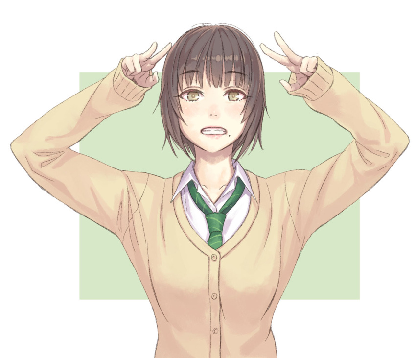 1girl and arms_up bangs blunt_bangs breasts brown_hair buttons cardigan character_request clenched_teeth collared_shirt commentary_request dress_shirt eyebrows eyebrows_visible_through_hair green_necktie kantai_collection long_sleeves looking_at_viewer mole mole_under_mouth necktie pink_lips school_uniform shirt short_hair sleeves_past_wrists solo teeth upper_body white_shirt yellow_eyes