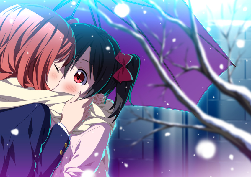 2c=galore 2girls bare_tree black_hair blush bow closed_eyes hair_bow hand_on_another's_face kiss love_live!_school_idol_project multiple_girls nishikino_maki red_eyes redhead scarf shared_scarf short_twintails snowing tree twintails umbrella yazawa_nico yuri
