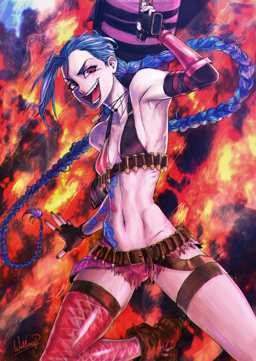 1girl bikini_top blue_hair braid bullet cutoffs explosion eyebrows fingerless_gloves gloves highres jinx_(league_of_legends) laughing league_of_legends lips lipstick long_hair makeup mismatched_gloves navel pink_eyes purple_lipstick rocket_launcher short_shorts shorts signature single_thighhigh slender_waist small_breasts solo tattoo thigh-highs twin_braids very_long_hair wallace_pires weapon