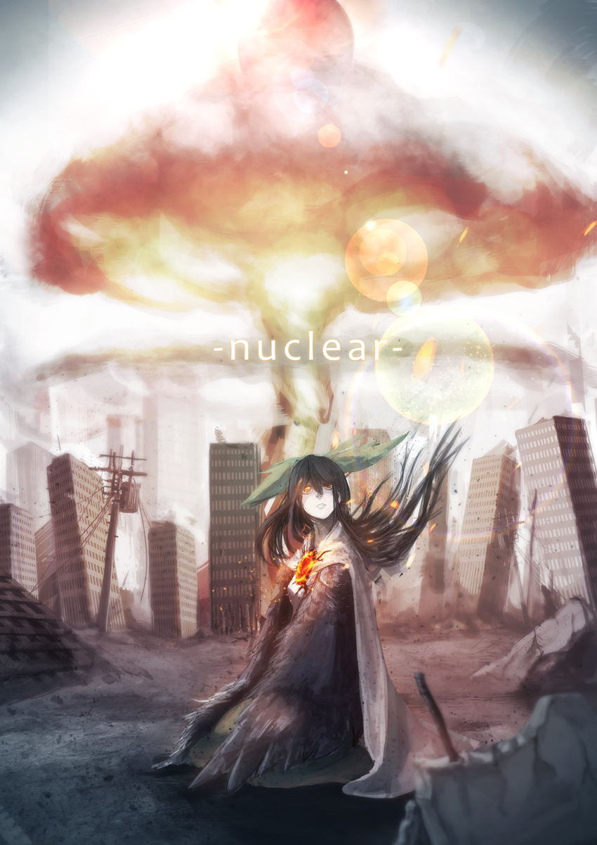 1girl black_hair black_wings bow breasts cape city commentary_request day destruction embers english explosion feathered_wings fire green_skirt hair_bow highres kirisame_tarou lens_flare long_hair long_skirt looking_up mushroom_cloud orange_eyes parted_lips power_lines reiuji_utsuho ruins seiza shirt sitting skirt sky solo sun telephone_pole third_eye touhou white_shirt wings