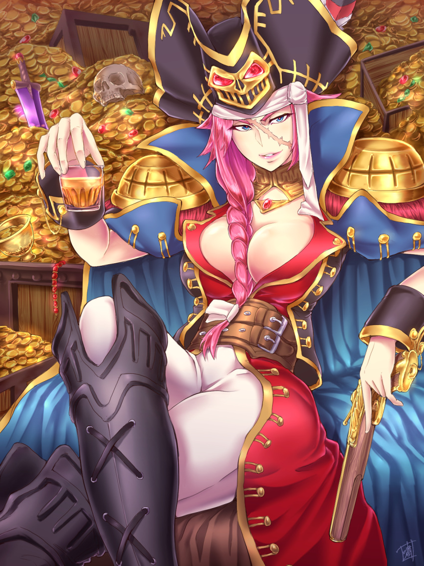 1girl blue_eyes boots braid breasts cape cleavage cup drinking_glass fate/extra fate/grand_order fate_(series) gem goblet gold gun hat highres holding holding_gun holding_weapon jewelry long_hair looking_at_viewer pink_hair pirate_hat rider_(fate/extra) scar shao_(newton) smile solo treasure_chest weapon