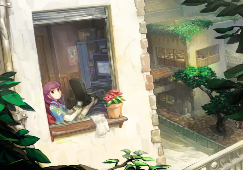 1girl barefoot chair cityscape crossed_ankles dutch_angle handheld_game_console hime_cut long_hair monitor nintendo_3ds office_chair on_bed original orz_(orz57) playing_games purple_hair sitting solo violet_eyes