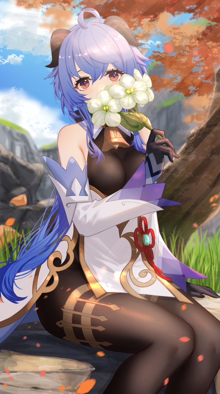 1girl absurdres ahoge bare_shoulders bell black_gloves black_legwear blue_hair blue_sky bodystocking breasts clouds commentary_request covered_mouth cowbell detached_sleeves facing_viewer flower ganyu_(genshin_impact) genshin_impact gloves goat_horns highres holding holding_flower horns kuwahara_taiki long_hair long_sleeves looking_at_viewer medium_breasts pantyhose pelvic_curtain sitting_on_rock sky solo tree violet_eyes vision_(genshin_impact) white_flower