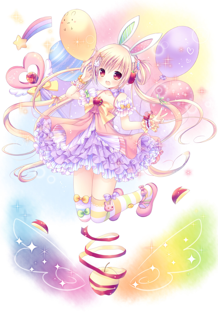 1girl :3 animal_ears apple balloon blonde_hair dress food food_themed_clothes fruit full_body hair_ornament hairband hairpin happy headphones heart highres long_hair mizuse_ruka original rabbit_ears red_eyes solo striped striped_legwear tail thigh-highs twintails weapon