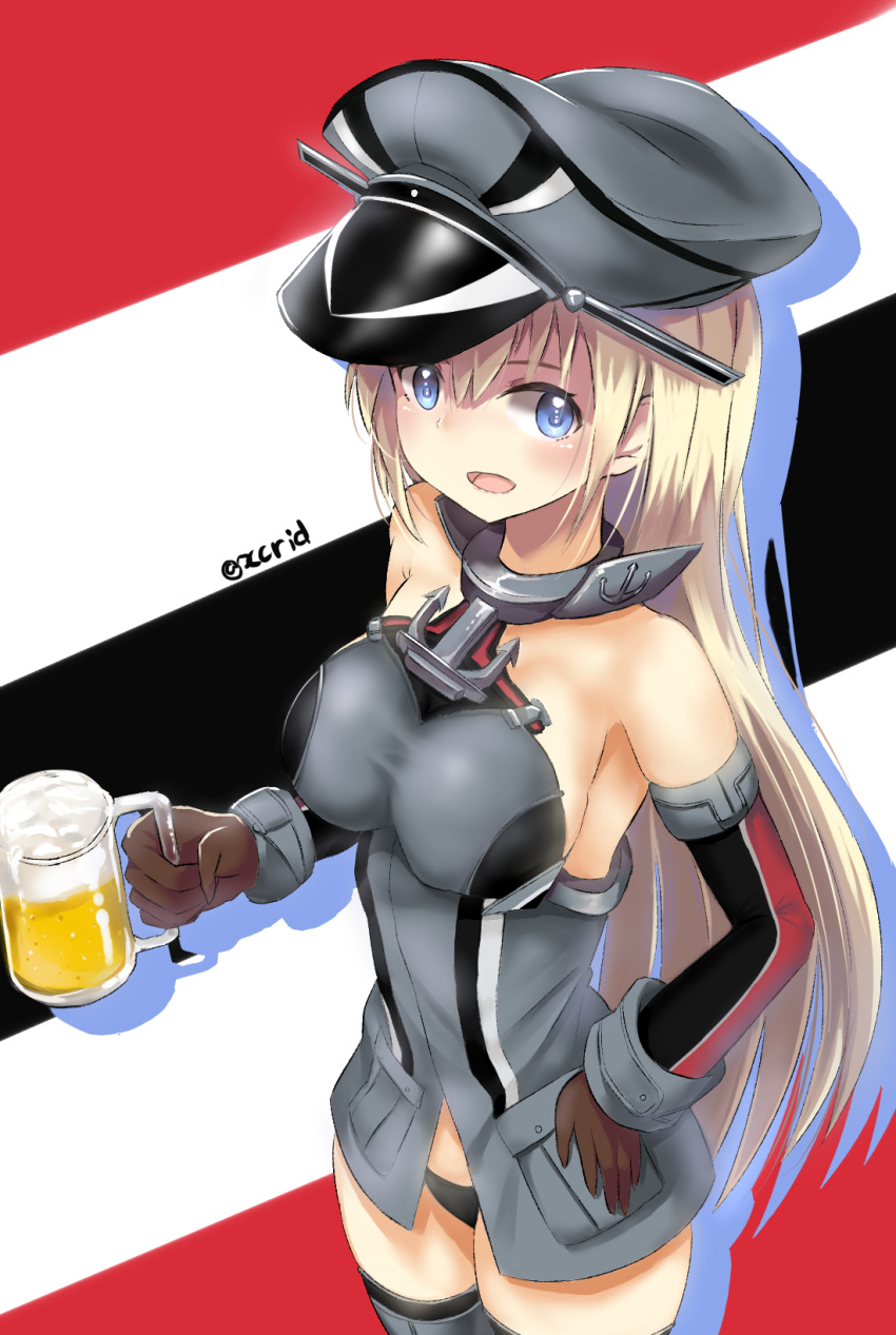 1girl alcohol anchor anchor_hair_ornament bare_shoulders beer bismarck_(kantai_collection) black_panties blonde_hair blue_eyes brown_gloves detached_sleeves flag_background gloves grey_legwear hair_ornament hat highres i.f.s.f imperial_german_flag iron_cross kantai_collection kriegsmarine long_hair military military_hat military_uniform monochrome panties peaked_cap sailor_hat solo thigh-highs underwear uniform